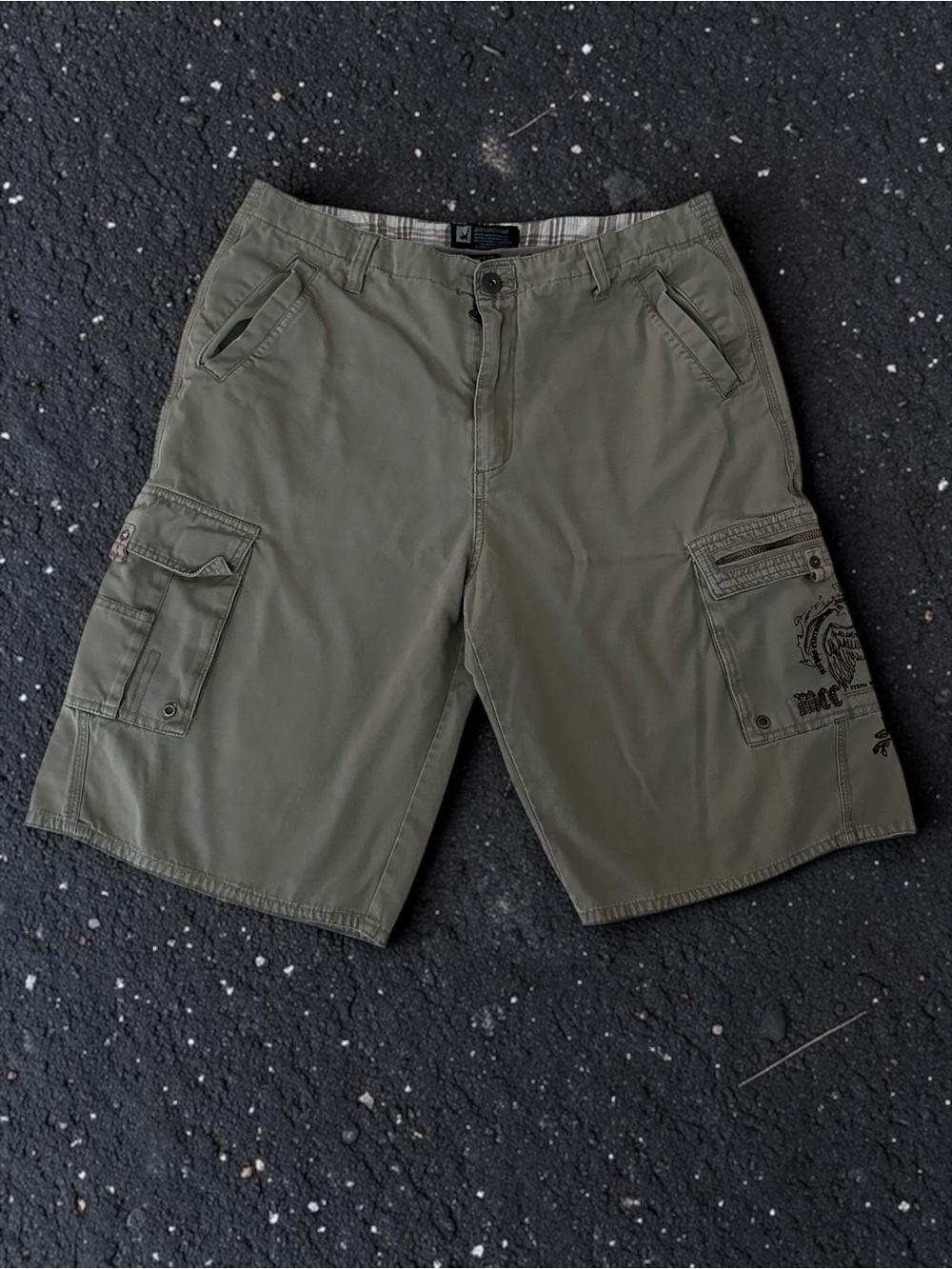 VTG Micros Y2K Cargo Shorts Baggy Skate Army Khaki - Phoenix Embroidery Size 36